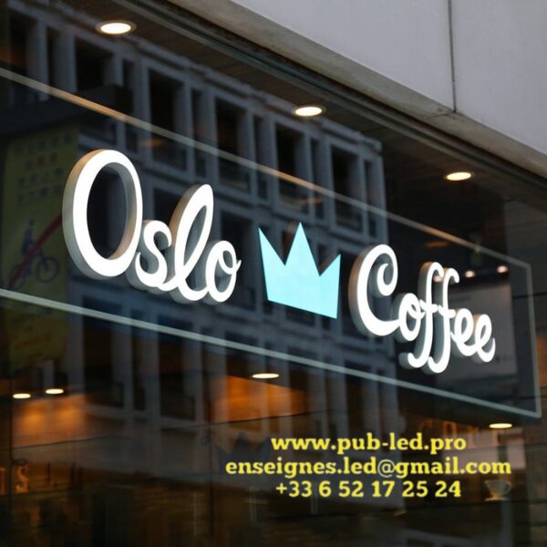 ENSEIGNE LED LETTRES BOITIERS 3D "OSLO COFFEE" EXTERIEUR 40CM