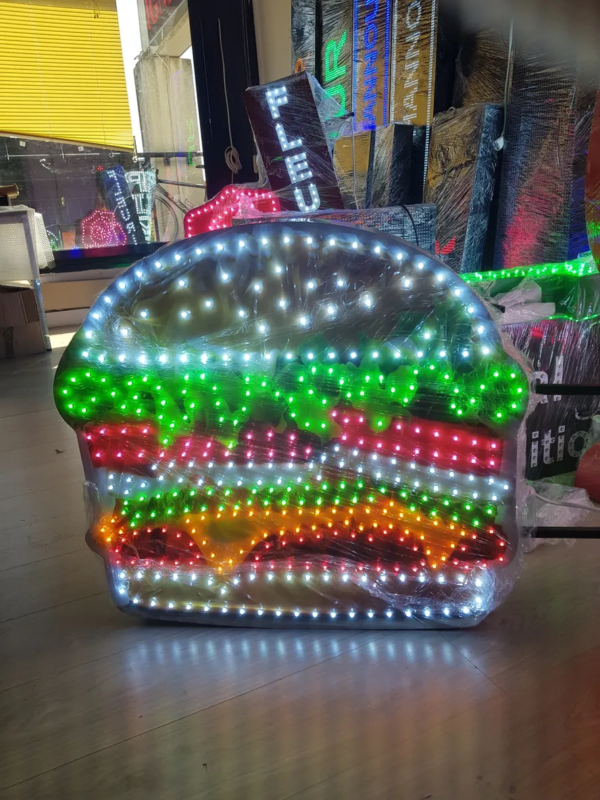 ENSEIGNE LUMINEUSE LED DOUBLE FACE “BURGER” 70x70cm AVEC ANIMATION ET TÉLÉCOMMANDE POUR EXTÉRIEUR